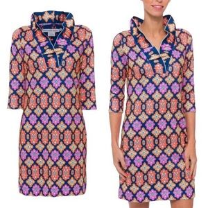 Gretchen Scott Haveli Navy Geometric Print Ruffle Neck Dress. Worn once XL